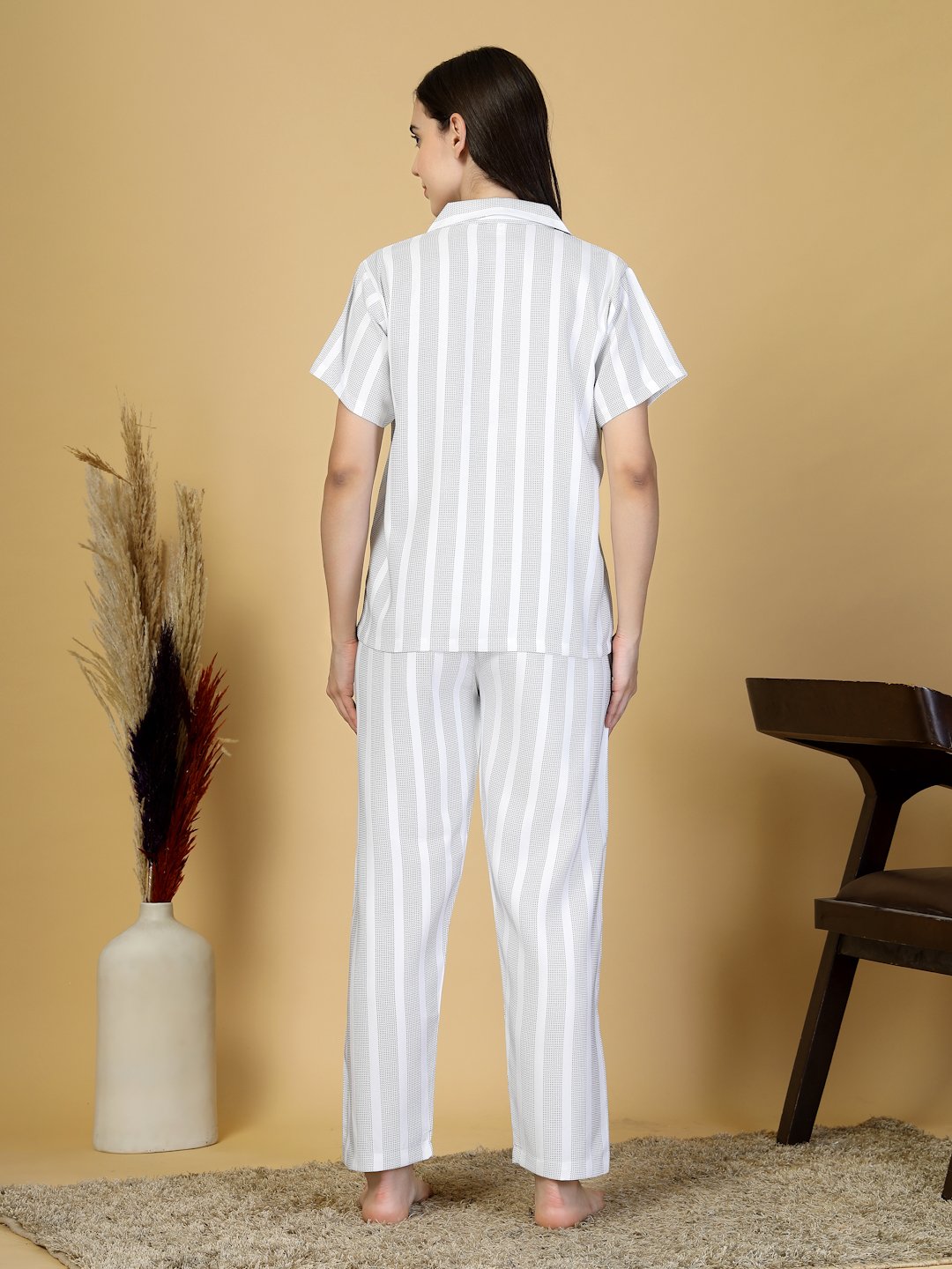 Women White Striped Cotton Blend Night Suit
