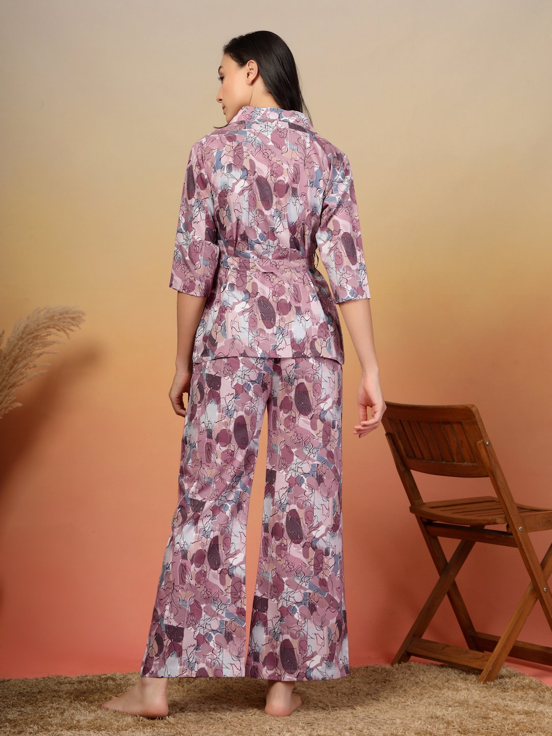 Women Purple Floral Cotton Blend Night Suit with Robe