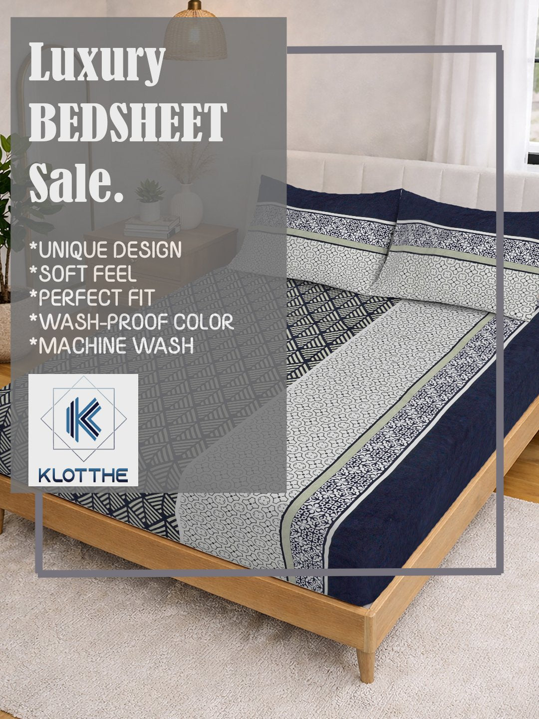 Multi Geometric Cotton Blend Fitted Double Bedsheet with 2 Pillow Covers