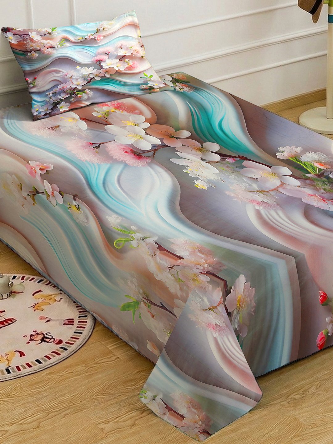 Multi Digital Floral Printed Cotton Blend Single Bedsheet with Pillow Cover