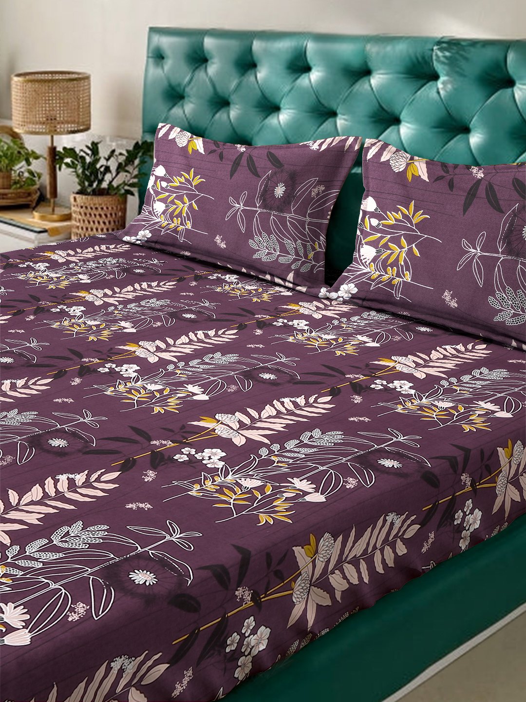 Purple Floral 300 TC Cotton Blend Fitted Double Bedsheet with 2 Pillow Covers