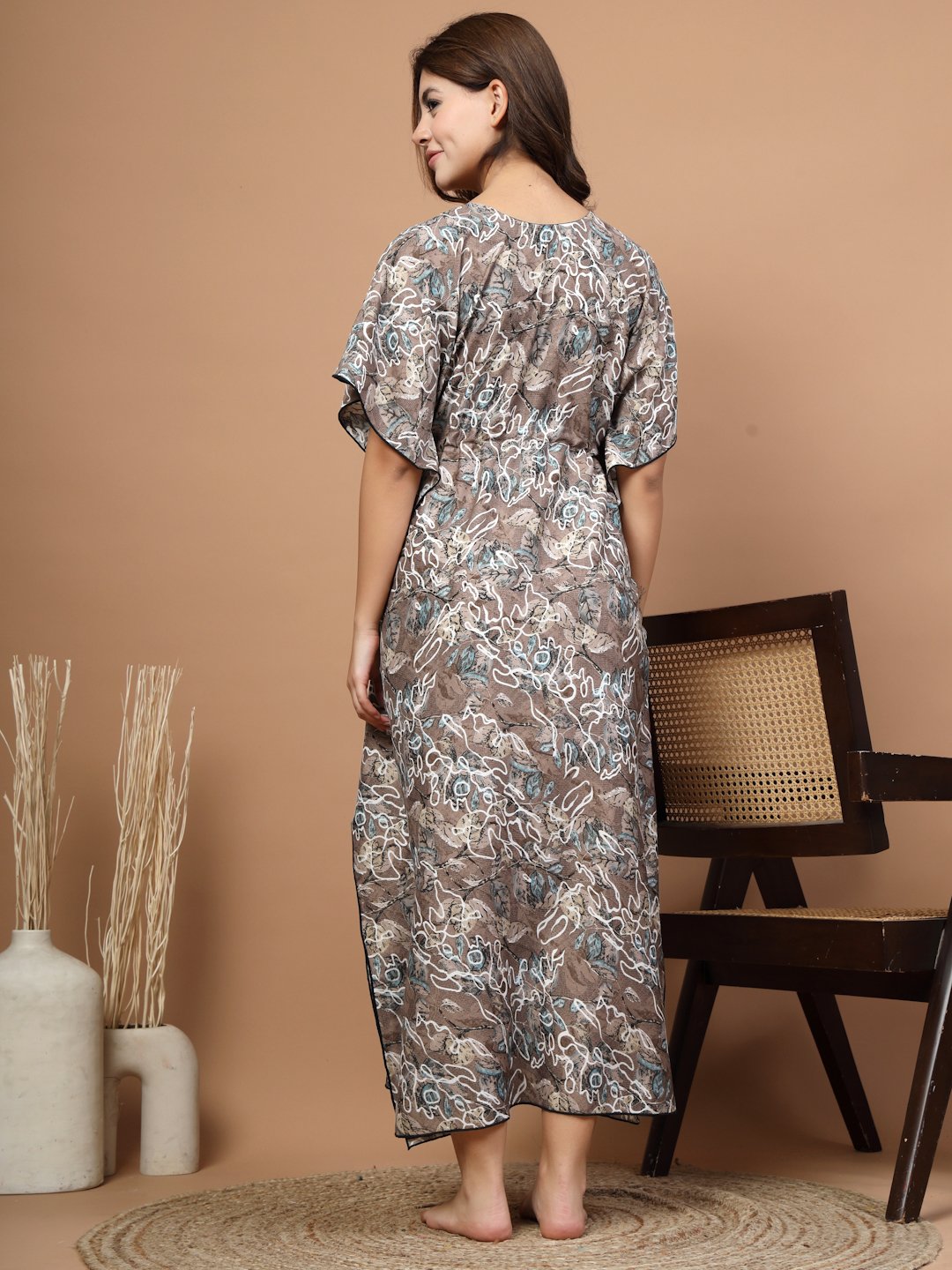 Brown Floral Cotton Blend Kaftan Maxi Nightdress