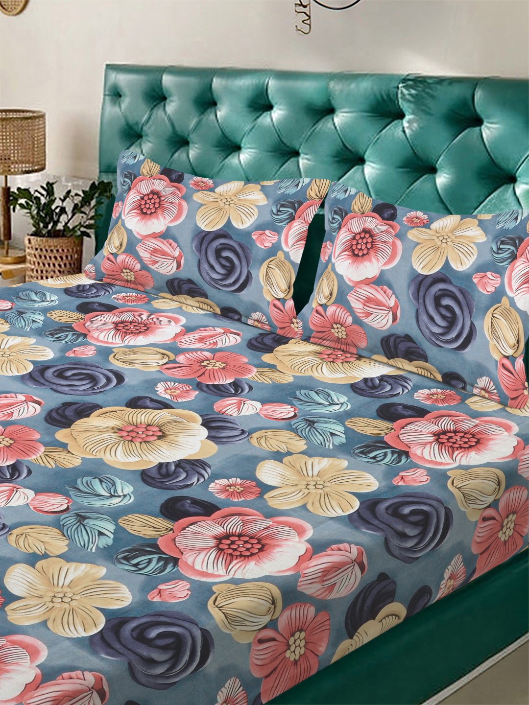 Blue Floral 7D King Size Cotton Blend Fitted Double Bedsheet with 2 Pillow Covers