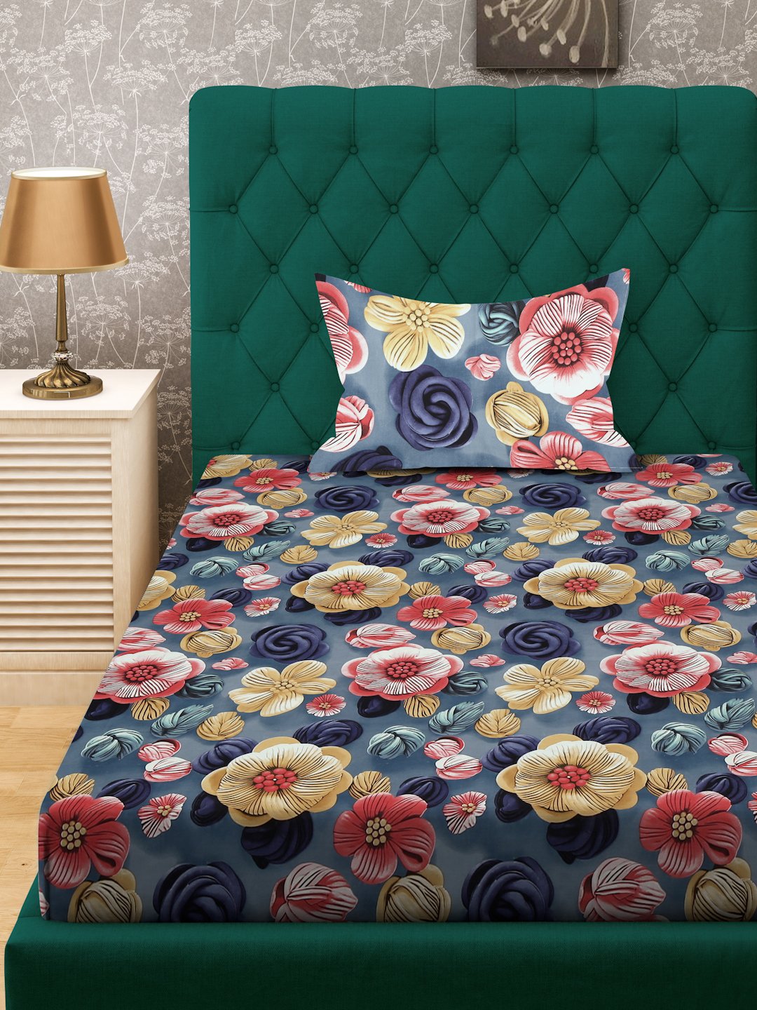 Blue Floral 7D Cotton Blend Fitted Single Bedsheet with Pillow Cover