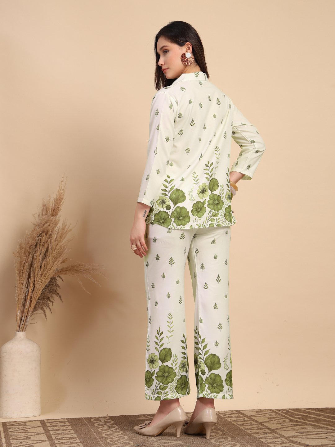 Cream Cotton Printed Shirt With Trousers Co-Ords Set