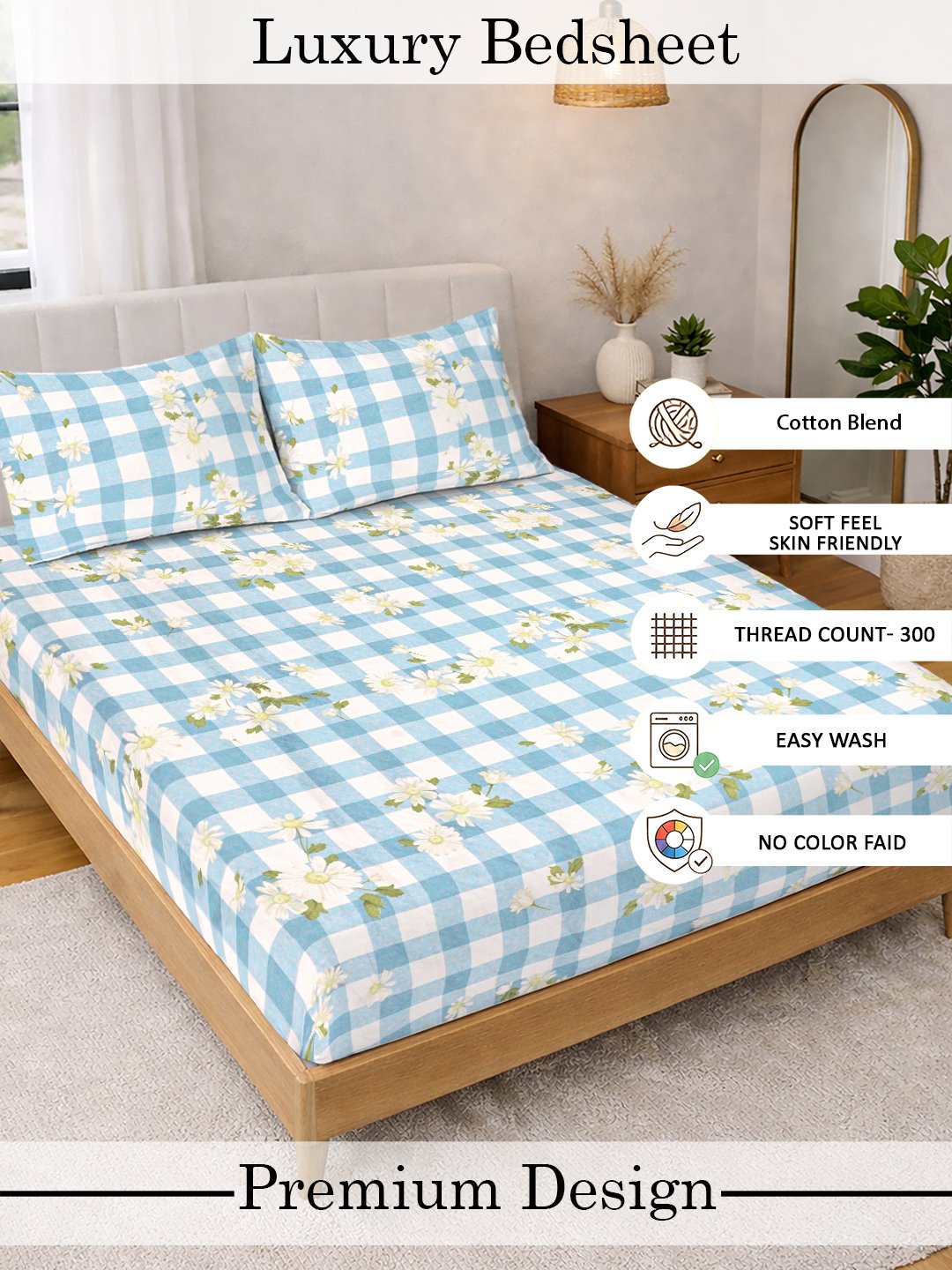 Blue Floral Cotton Blend Double Bedsheet with 2 Pillow Covers