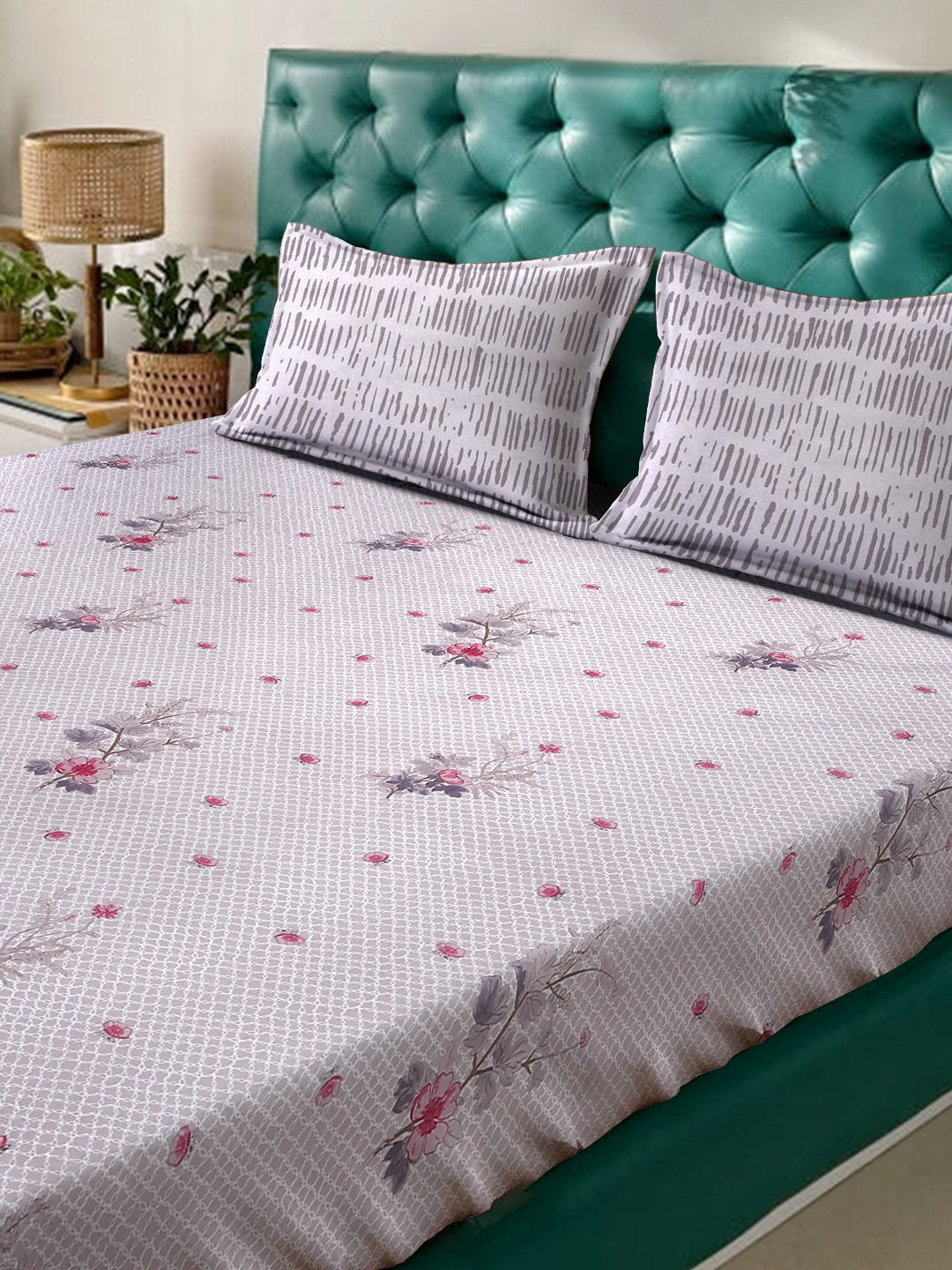Purple Floral 400 TC Pure Cotton Fitted Double Bedsheet with 2 Pillow Covers