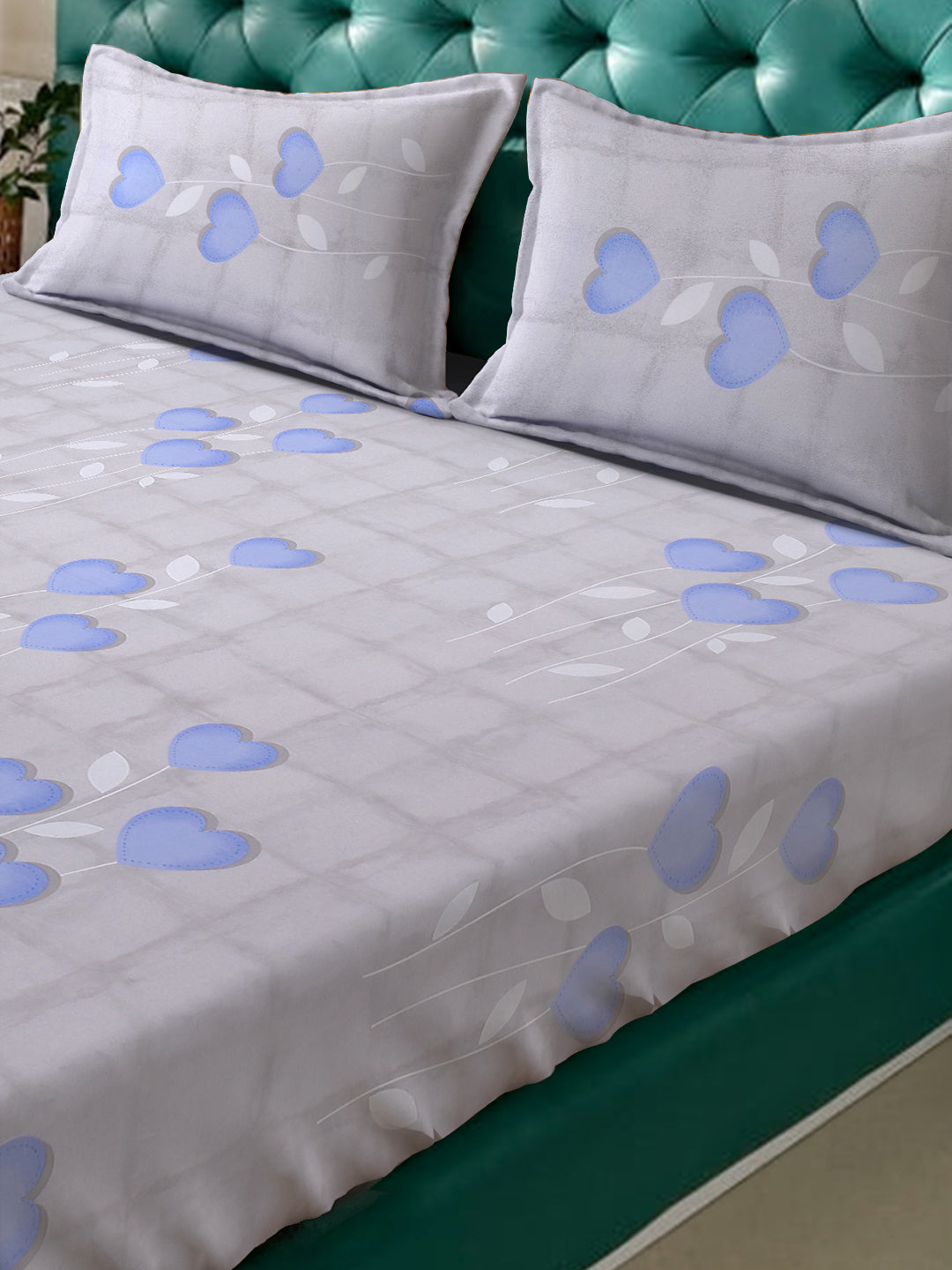 Klotthe Blue Floral 400 TC Pure Cotton Fitted Double Bedsheet with 2 Pillow Covers