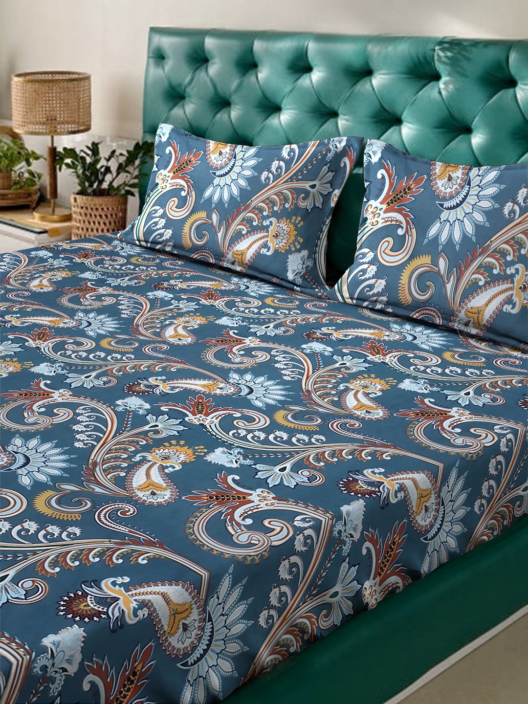 Blue Floral 300 TC Cotton Blend Double Bedsheet in Book Fold Packing