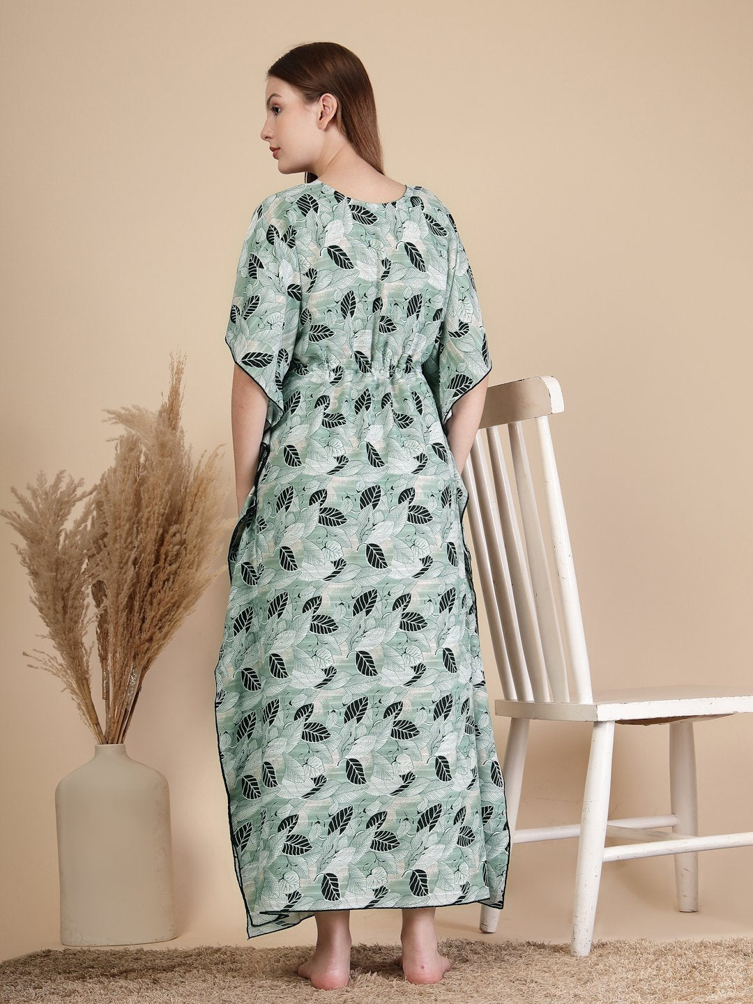 Green Floral Cotton Blend Kaftan Maxi Nightdress