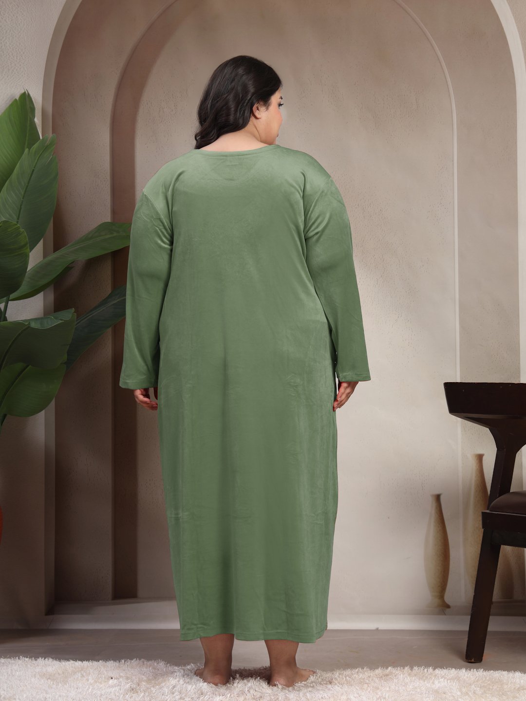 Klotthe Olive Solid Soft touch Velvet Maxi Nightdress