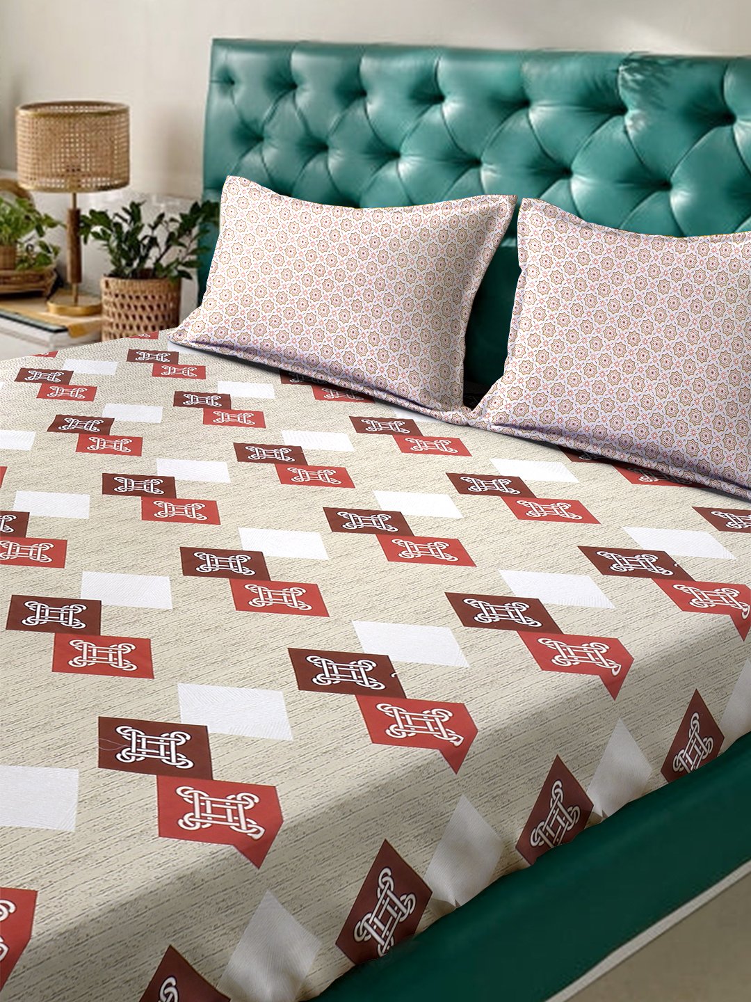 Beige Geometric 400 TC Pure Cotton Double Bedsheet with 2 Pillow Covers