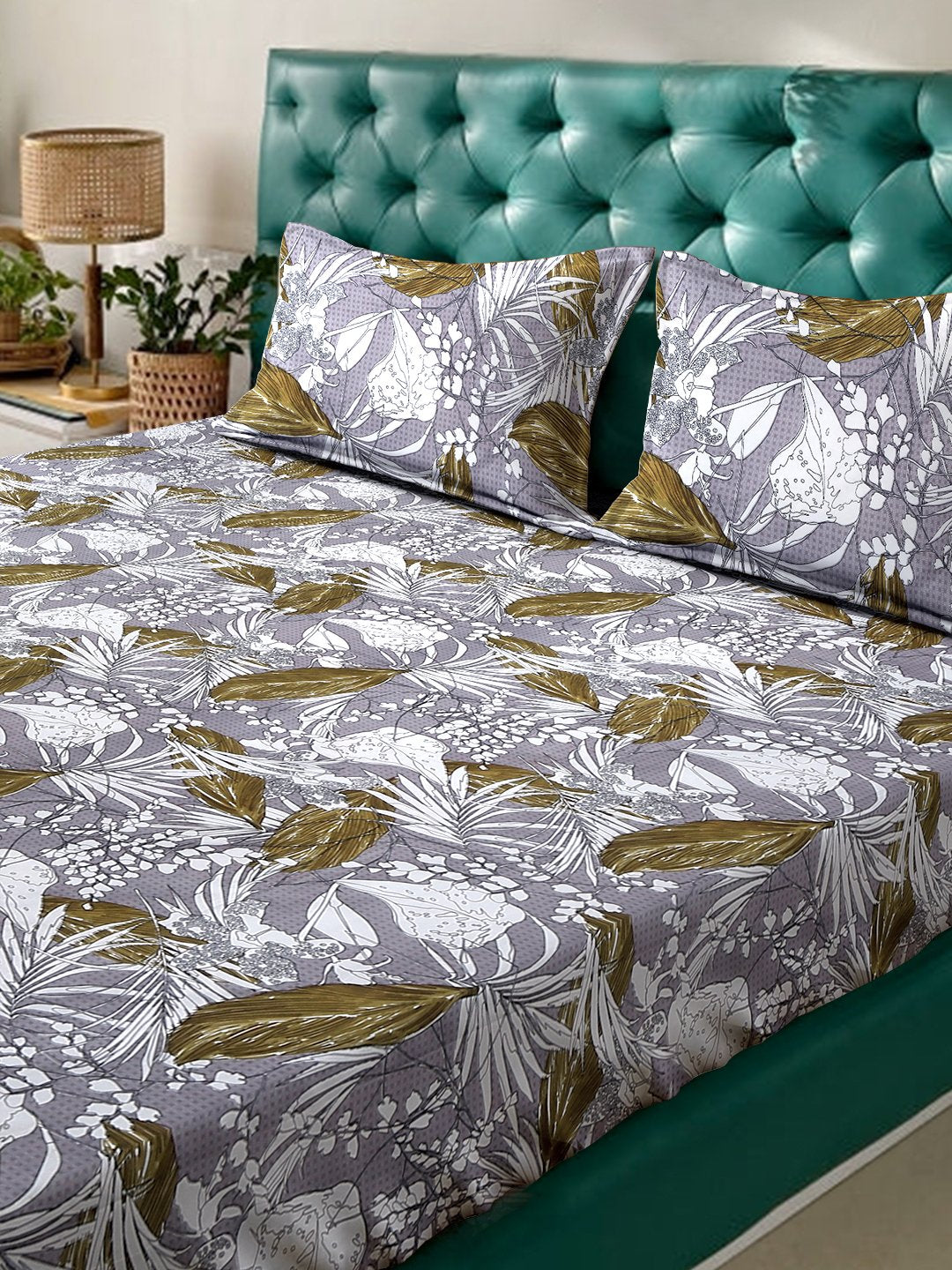 Multi Floral 300 TC Cotton Blend Fitted Double Bedsheet with 2 Pillow Covers