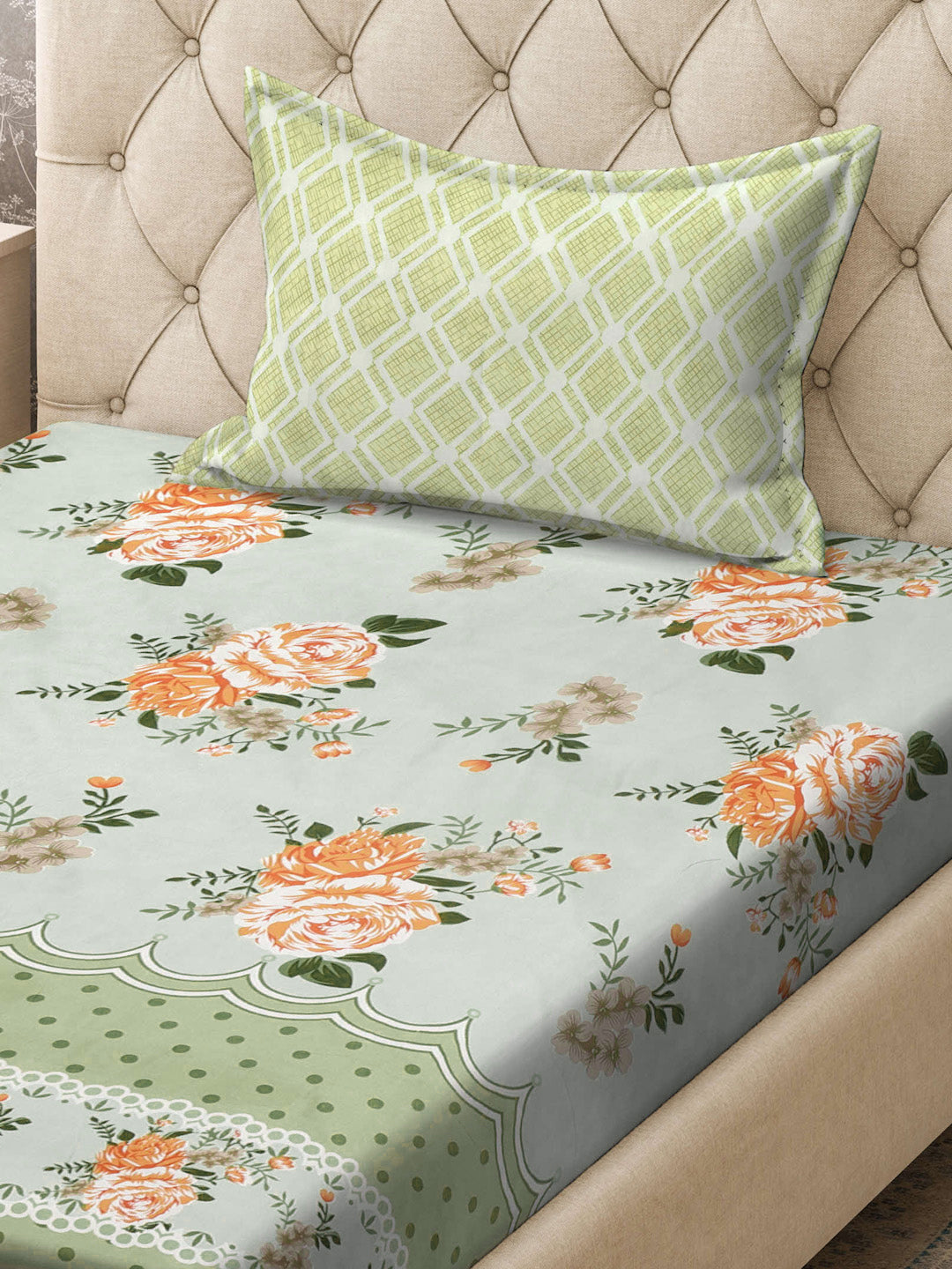 Klotthe Green Floral 300 TC Cotton Blend Fitted Single Bedsheet with Pillow Cover