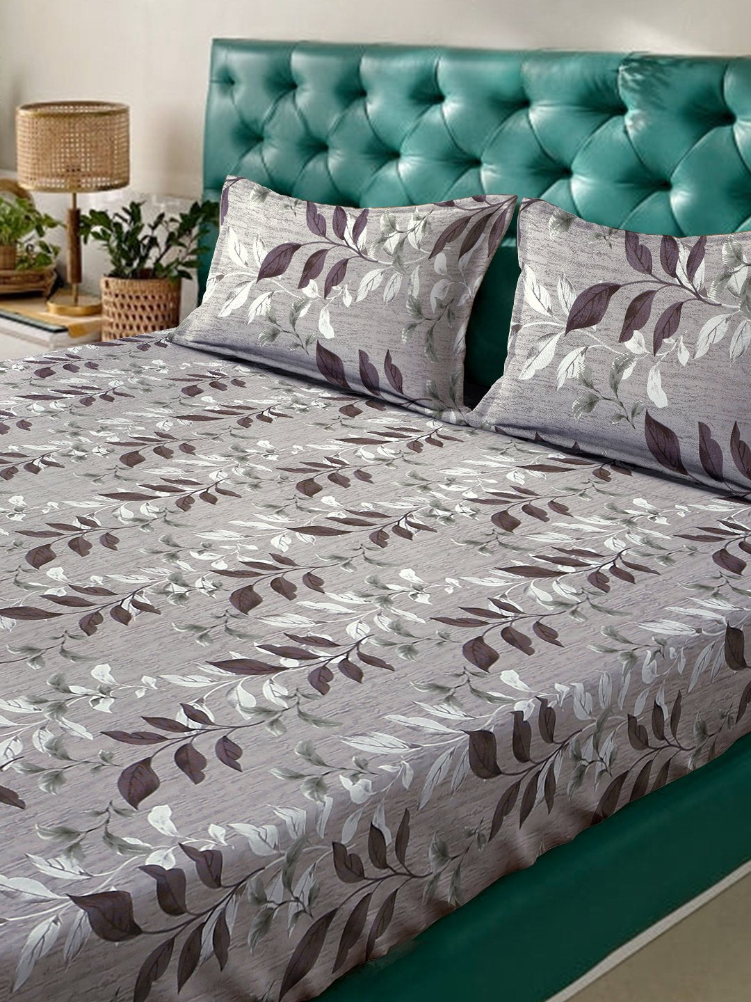 Brown Floral 400 TC Pure Cotton Double Bedsheet with 2 Pillow Covers