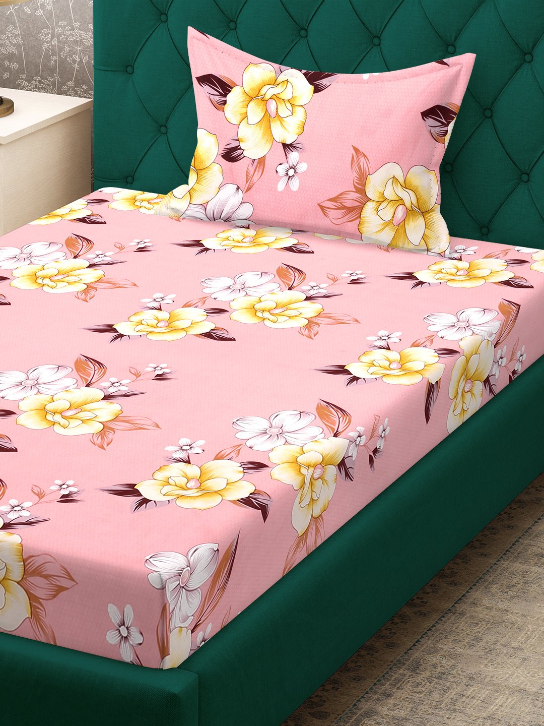 Pink Floral 300 TC Cotton Blend Fitted Single Bedsheet with Pillow Cover