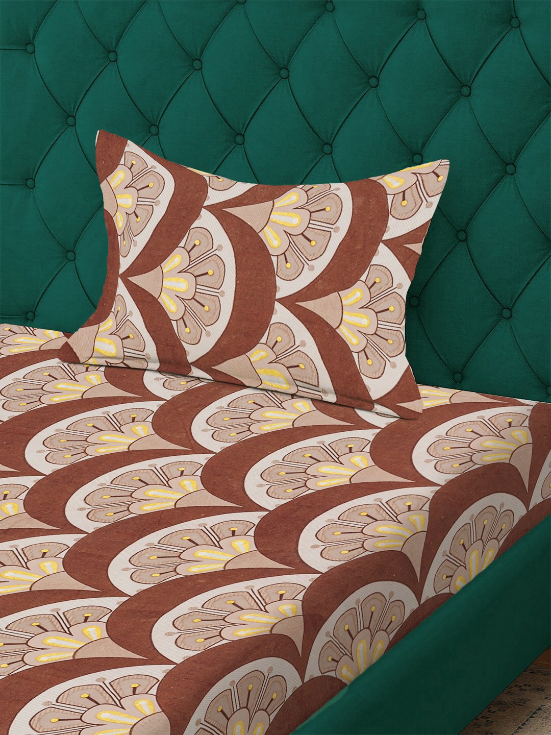 Brown Floral 300 TC Cotton Blend Single Bedsheet with Pillow Cover