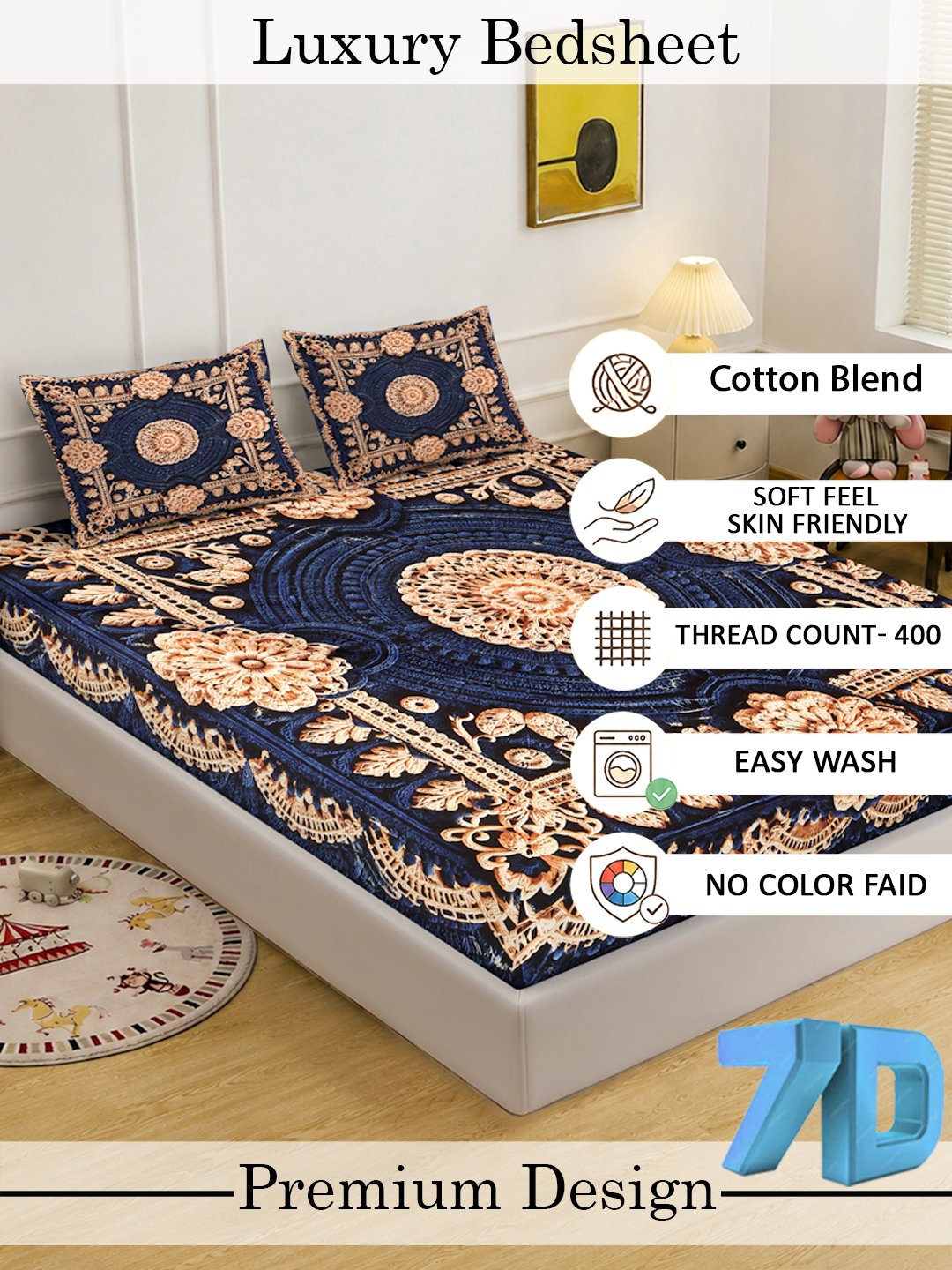 Digital Printed Blue Floral Cotton Blend Double Bedsheet with 2 Pillow Covers