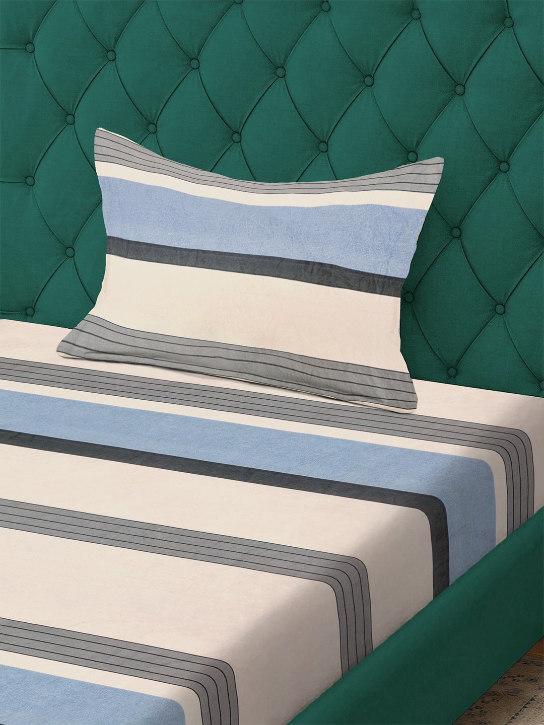Multi Striped 300 TC Cotton Blend Fitted Single Bedsheet with Pillow Cover