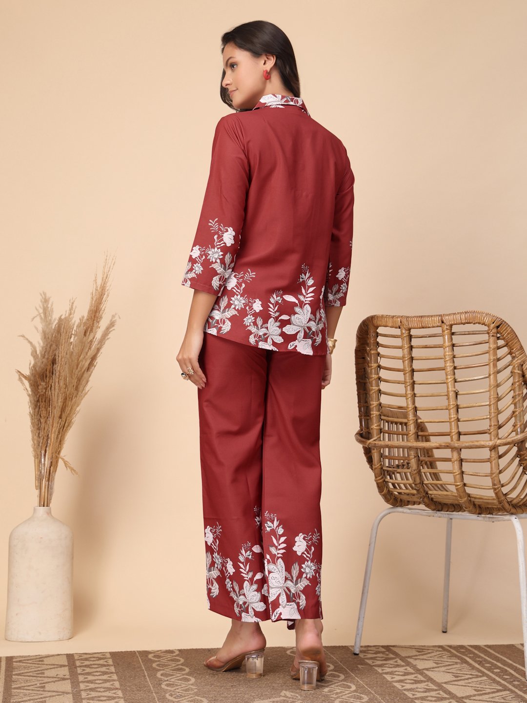 Red Cotton Printed Shirt With Trousers Co-Ords Set