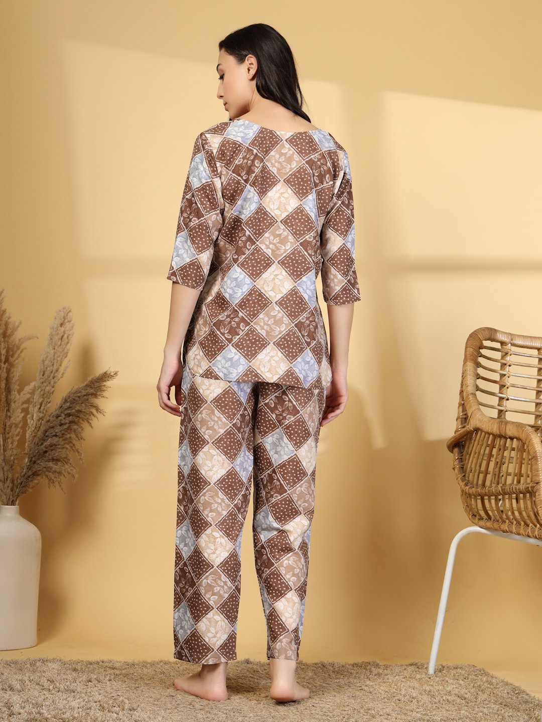 Women Brown Geometric Cotton Blend Night Suit
