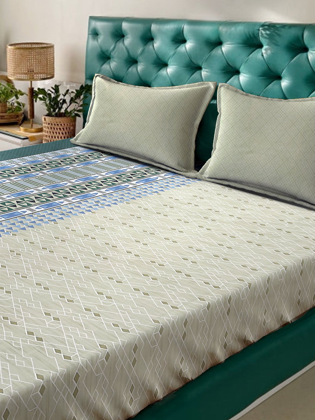 Olive Geometric 400 TC Pure Cotton Super King Double Bedsheet with 2 Pillow Covers