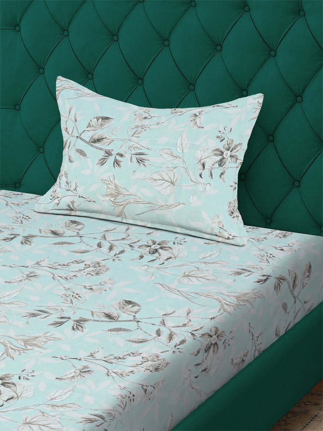 Green Floral 300 TC Cotton Blend Single Bedsheet with Pillow Cover