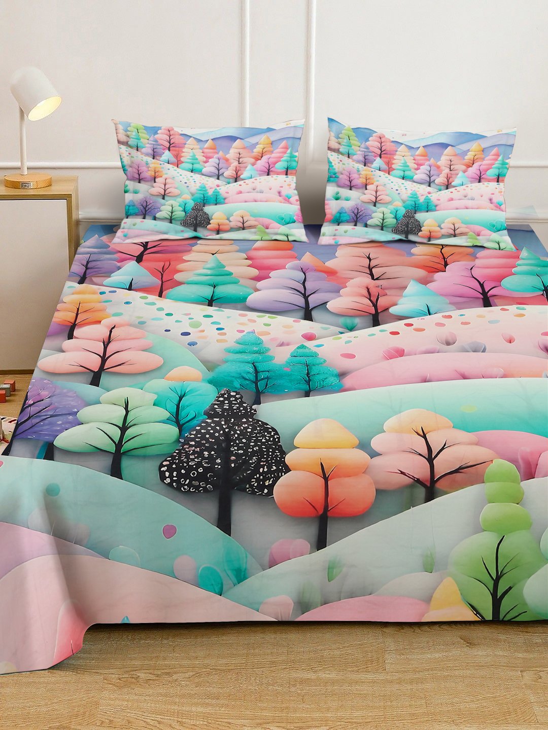 Multi 7D Floral Printed Fitted Cotton Blend Double Bedsheet with 2 Pillow Covers