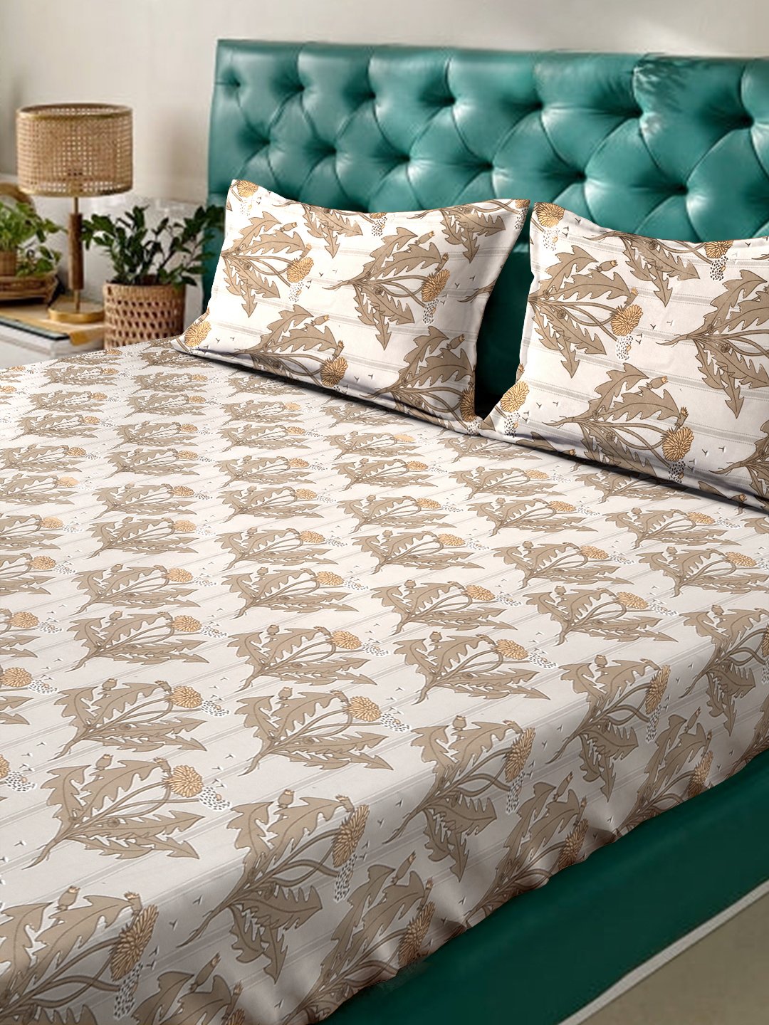 Beige Floral 300 TC Cotton Blend Fitted Super King Double Bedsheet with 2 Pillow covers