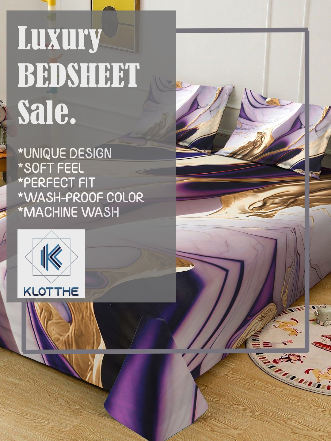 Purple Digital Abstract Printed Cotton Blend Fitted Double Bedsheet with 2 Pillow Covers
