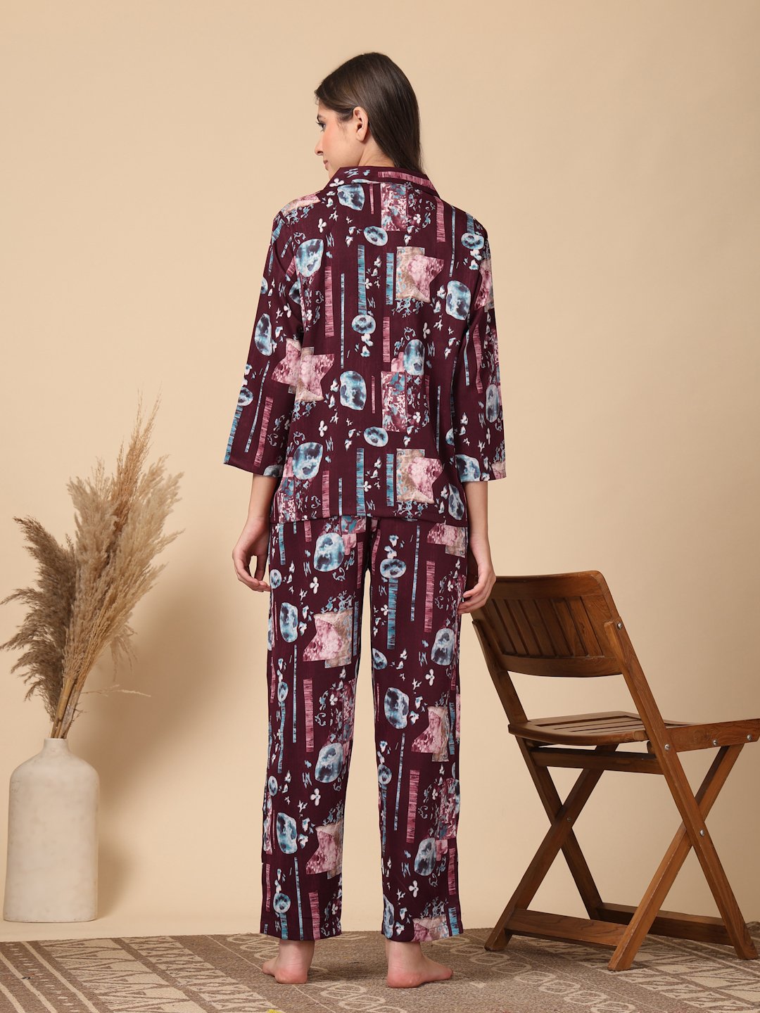 Maroon Geometric Cotton Blend Women Night Suit
