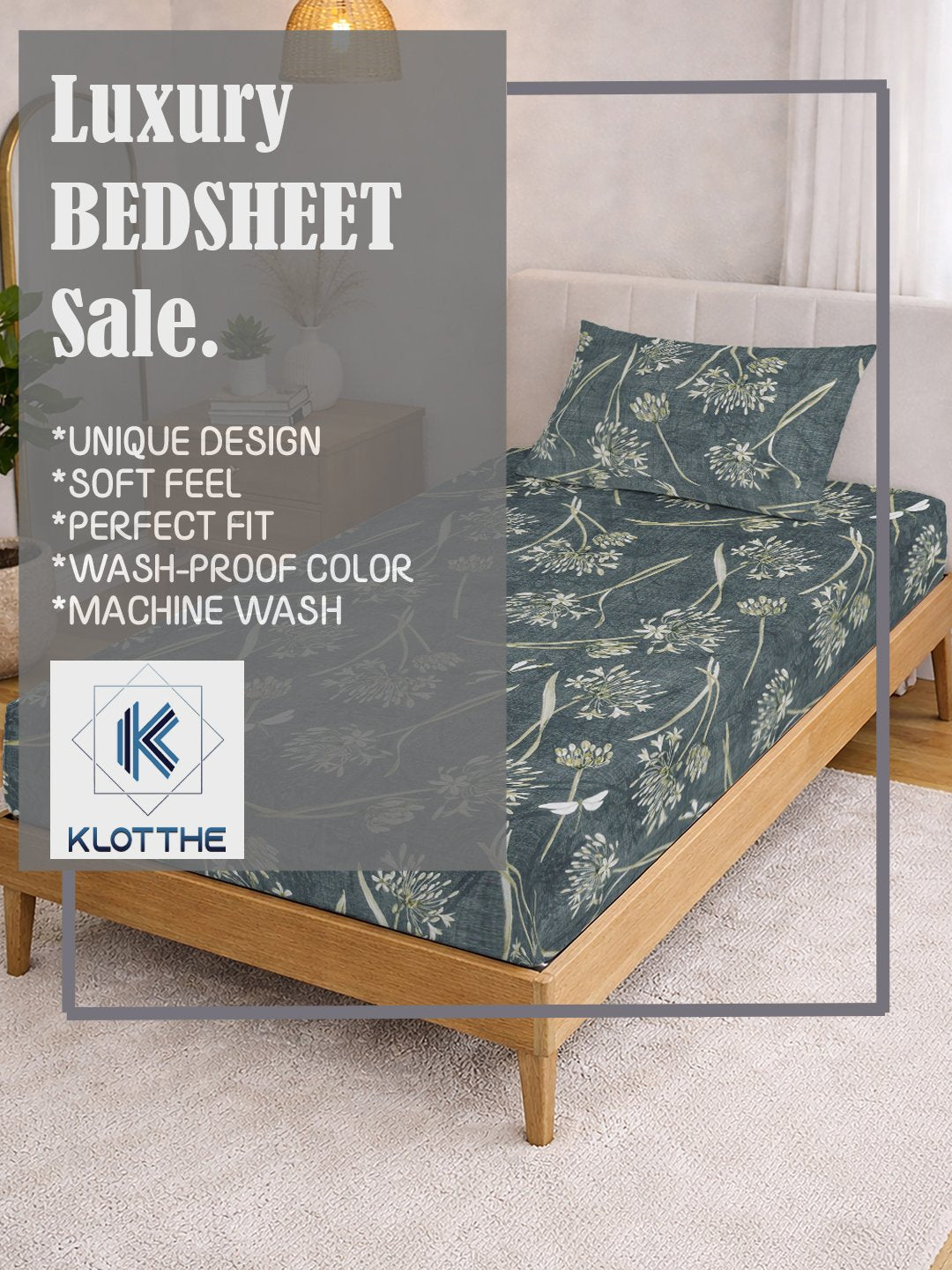 Green Floral Cotton Blend Fitted Single Bedsheet with Pillow Cover