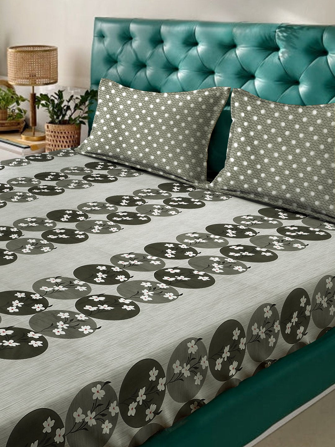 Olive Floral 400 TC Pure Cotton Fitted Double Bedsheet with 2 Pillow Covers