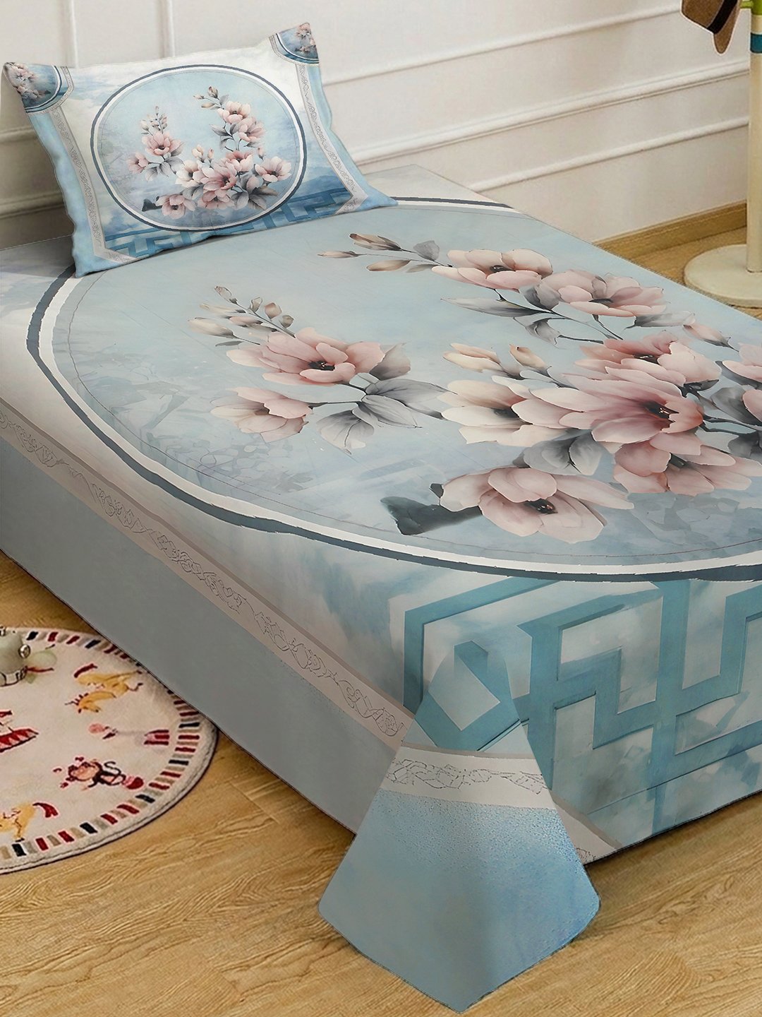 SkyBlue Digital Floral Printed Cotton Blend Single Bedsheet with Pillow Cover