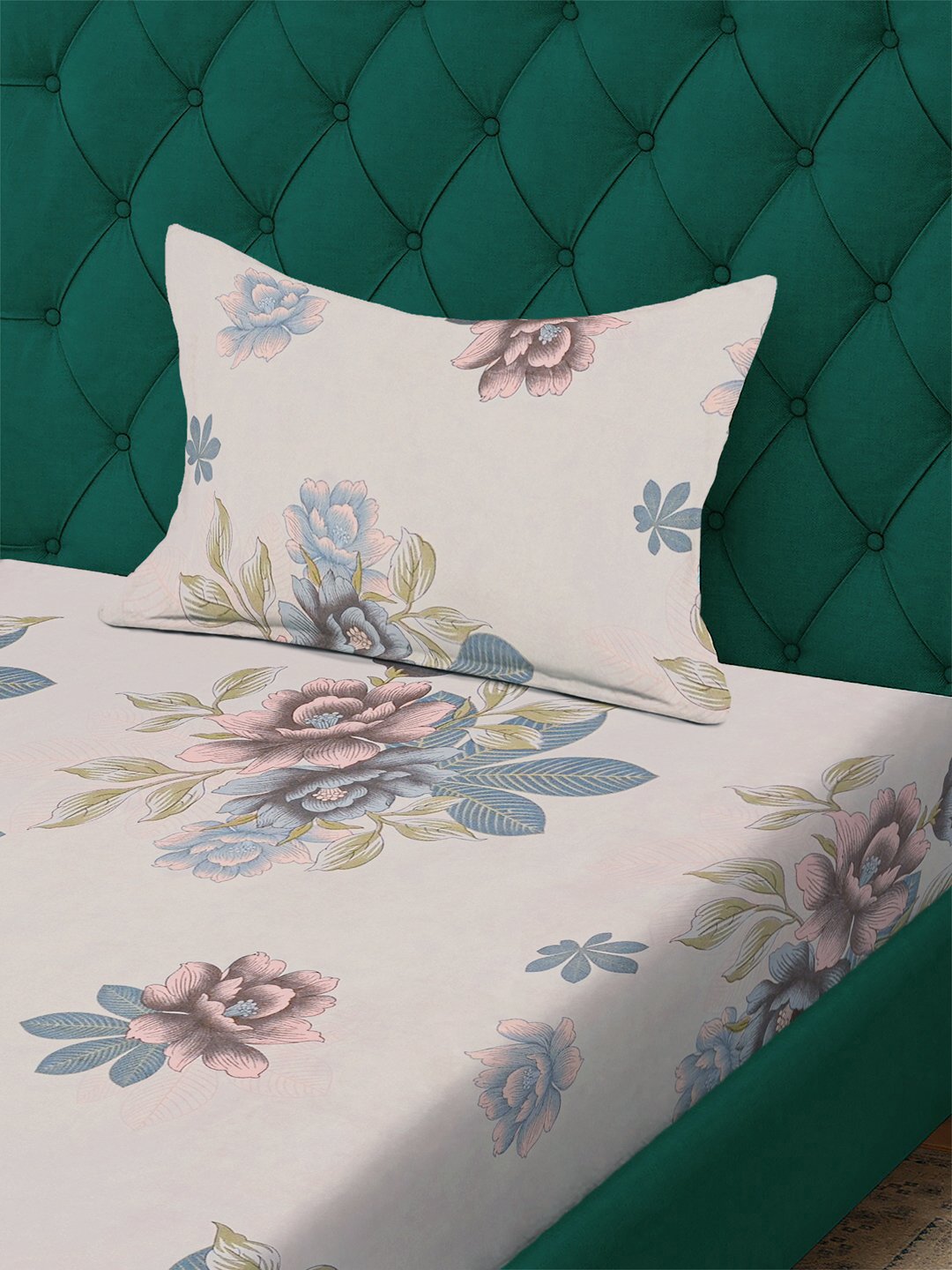 Beige Floral 300 TC Cotton Blend Single Bedsheet with Pillow Cover