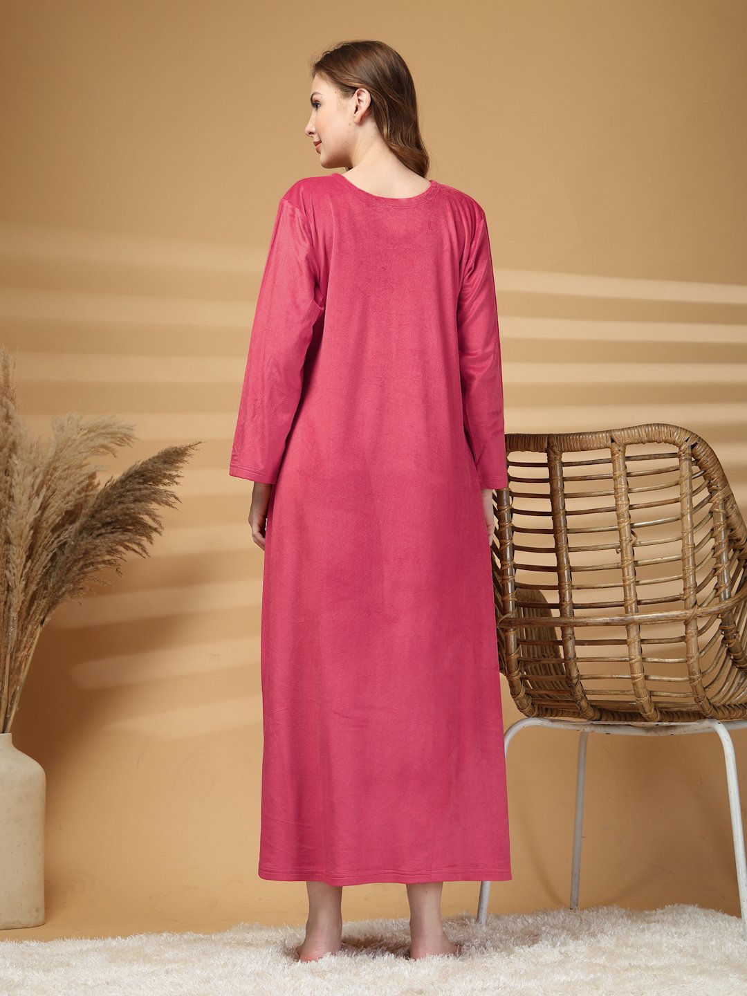Klotthe Red Solid Soft touch Velvet Maxi Nightdress