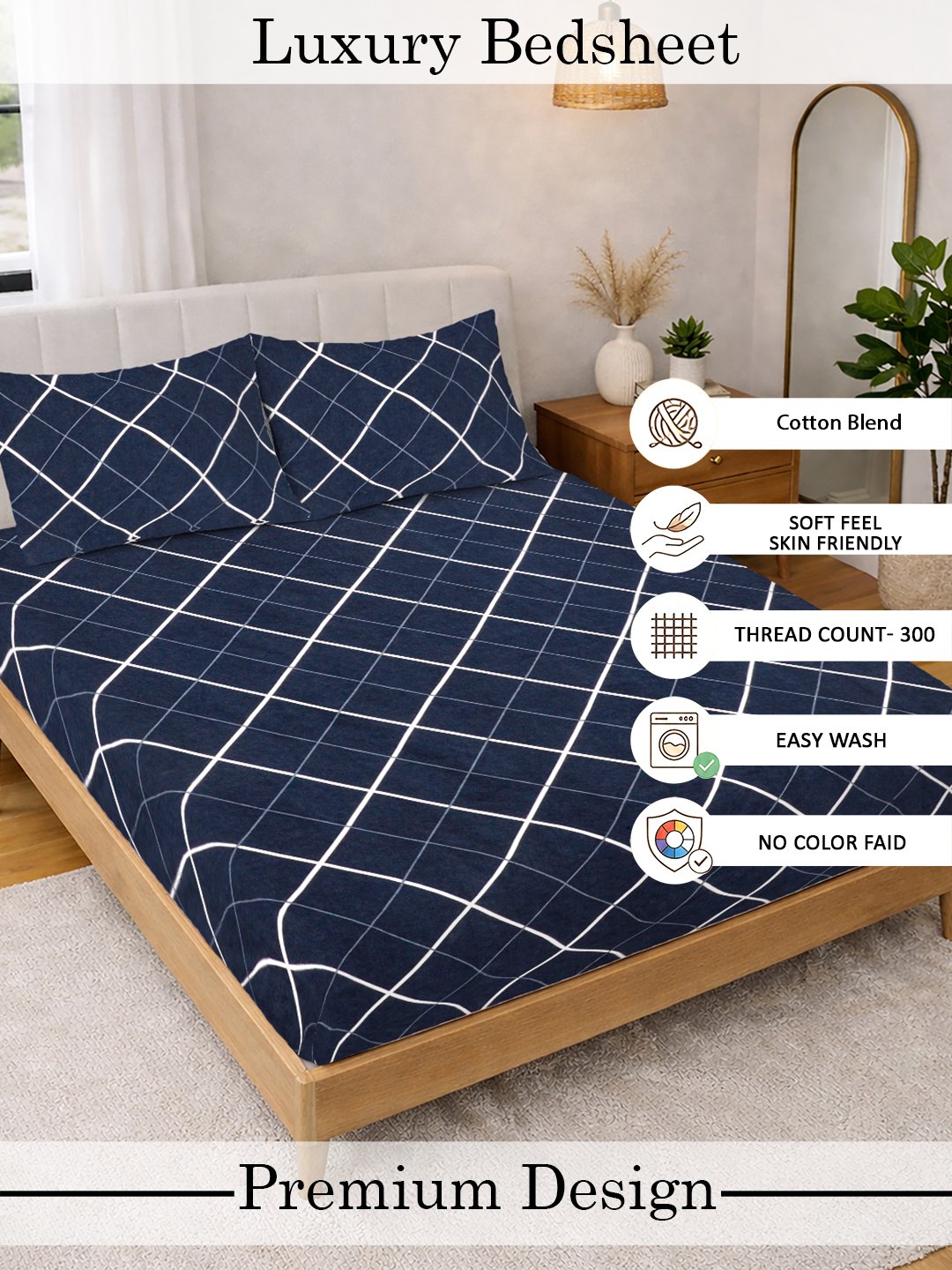 Blue Geometric Cotton Blend Fitted Double Bedsheet with 2 Pillow Covers