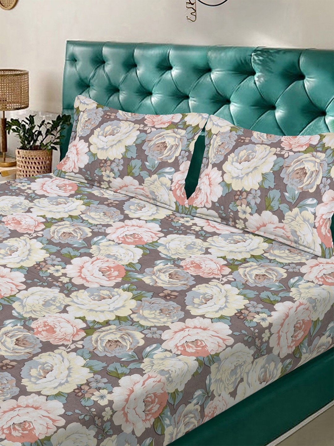 Multi Floral 300 TC Cotton Blend Double Bedsheet with 2 Pillow Covers