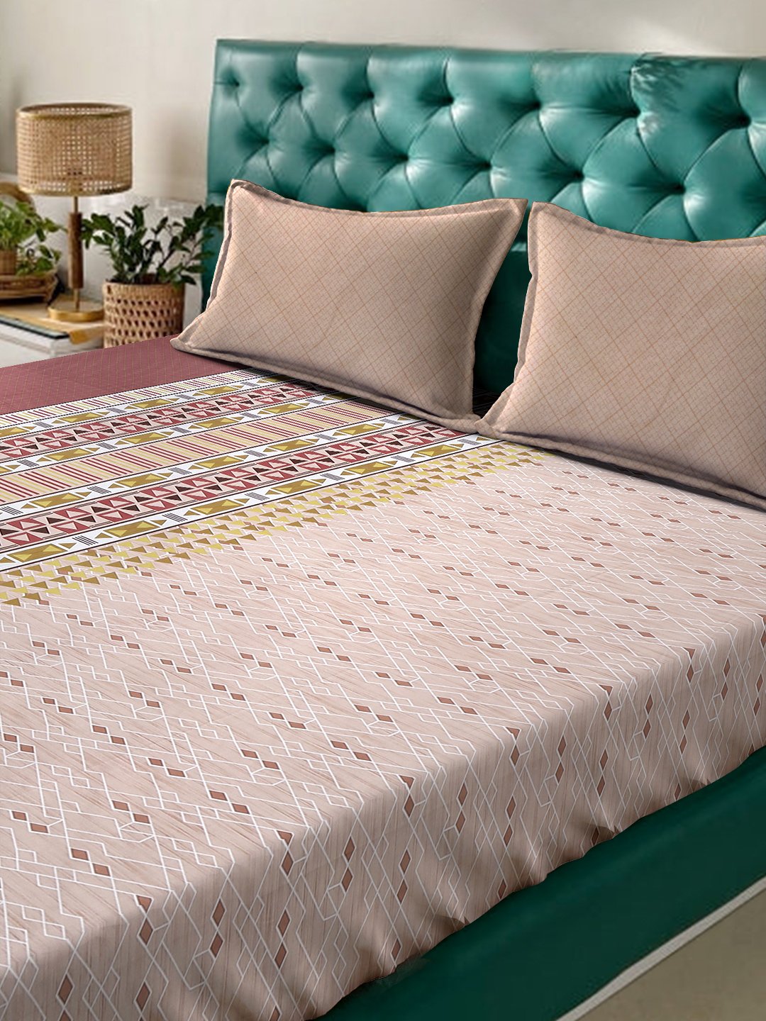Beige Ethnic Motifs 400 TC Pure Cotton Super King Fitted Double Bedsheet with 2 Pillow Covers