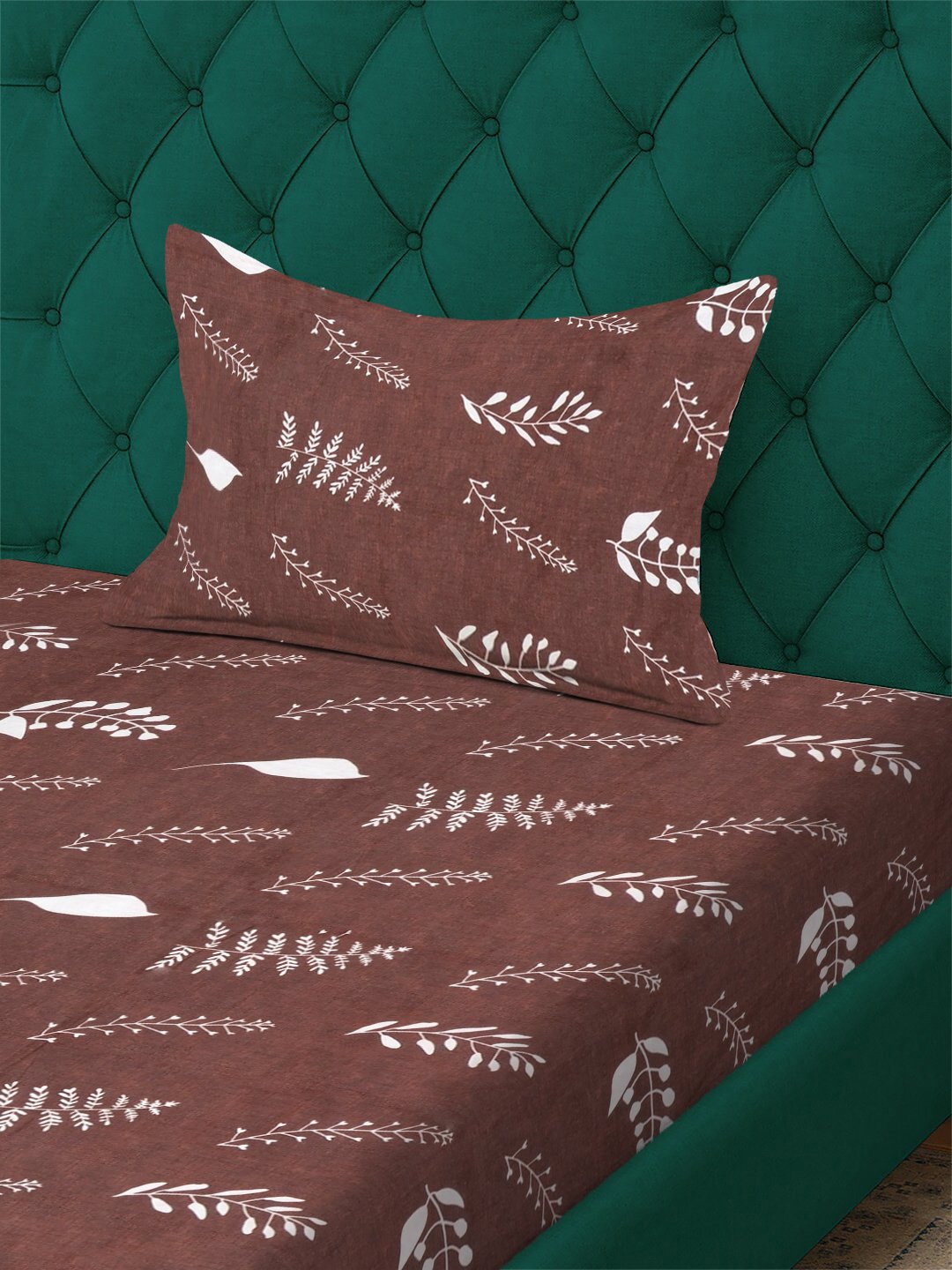 Brown Floral 300 TC Cotton Blend Fitted Single Bedsheet with Pillow Cover