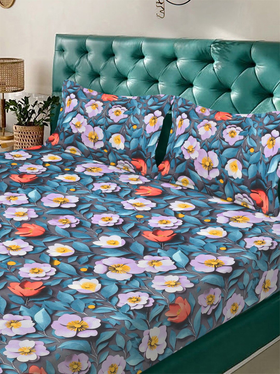 Blue Floral 7D King Size Cotton Blend Fitted Double Bedsheet with 2 Pillow Covers