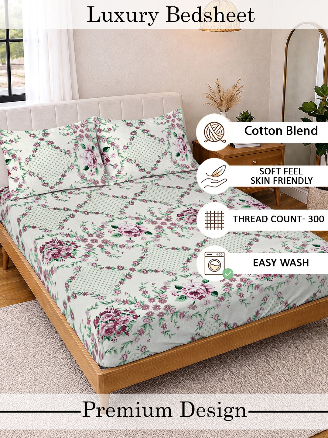 Cream Floral Cotton Blend Fitted Double Bedsheet with 2 Pillow Covers
