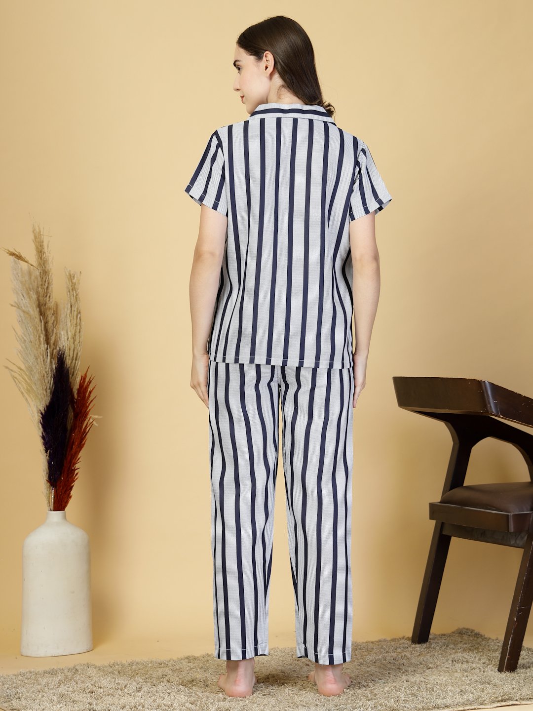 Women NavyBlue Striped Cotton Blend Night Suit