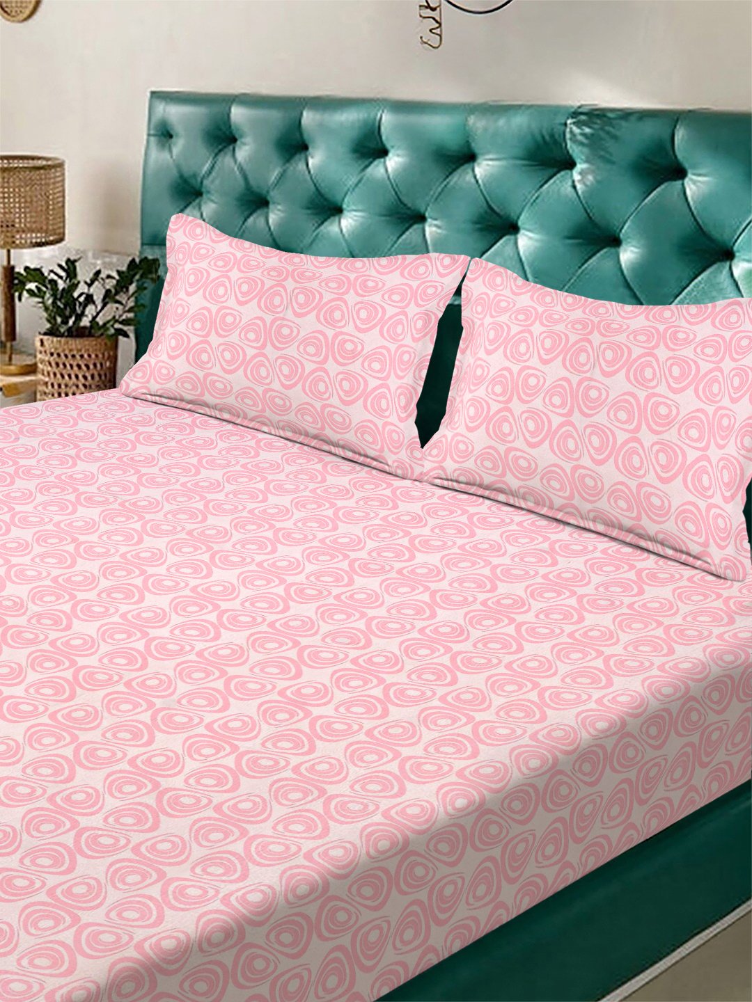 Pink Abstract 300 TC Cotton Blend Fitted Double Bedsheet with 2 Pillow Covers