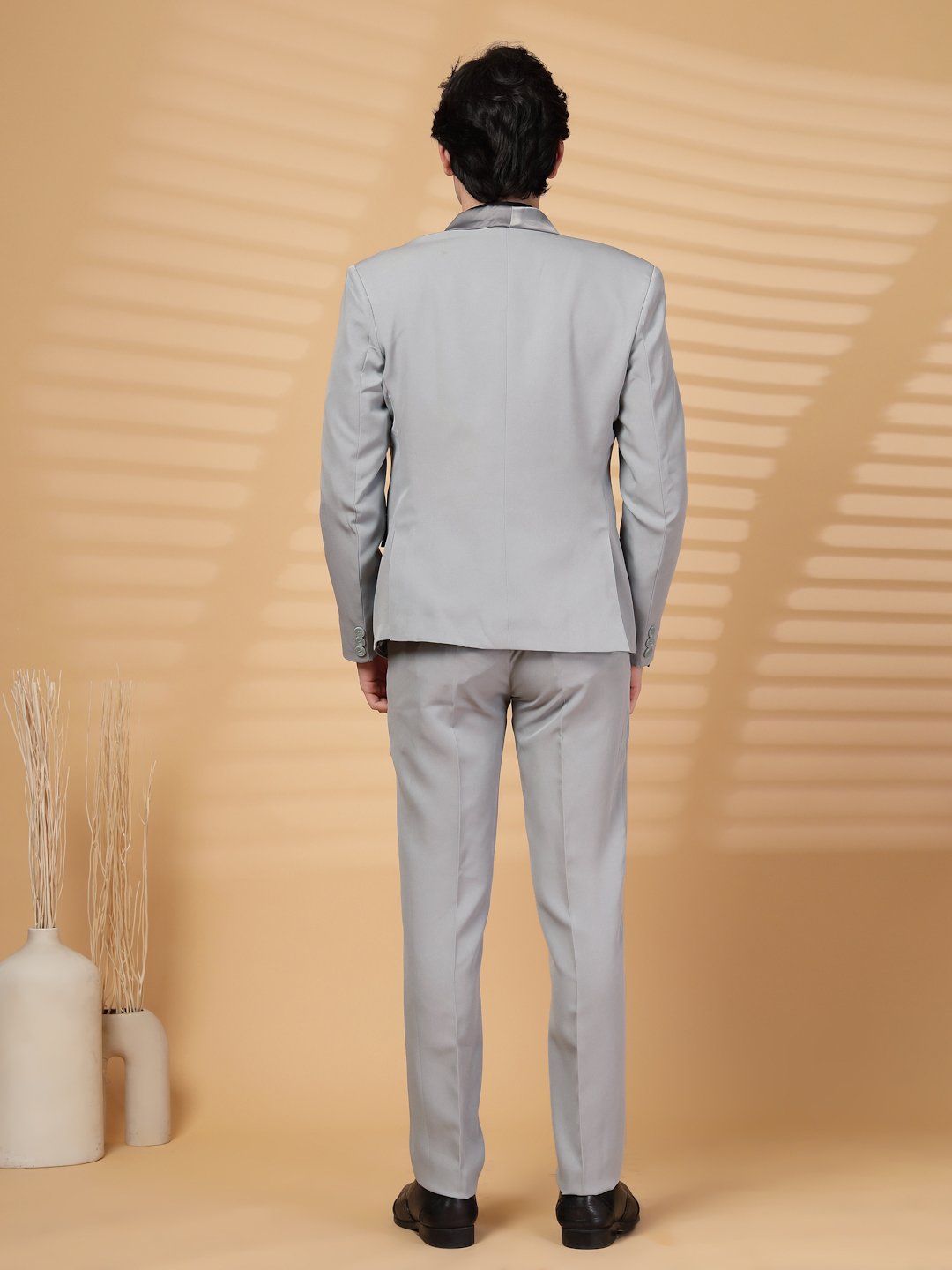 Grey Solid Embroidery Single-Breasted Two-Piece Party Suit