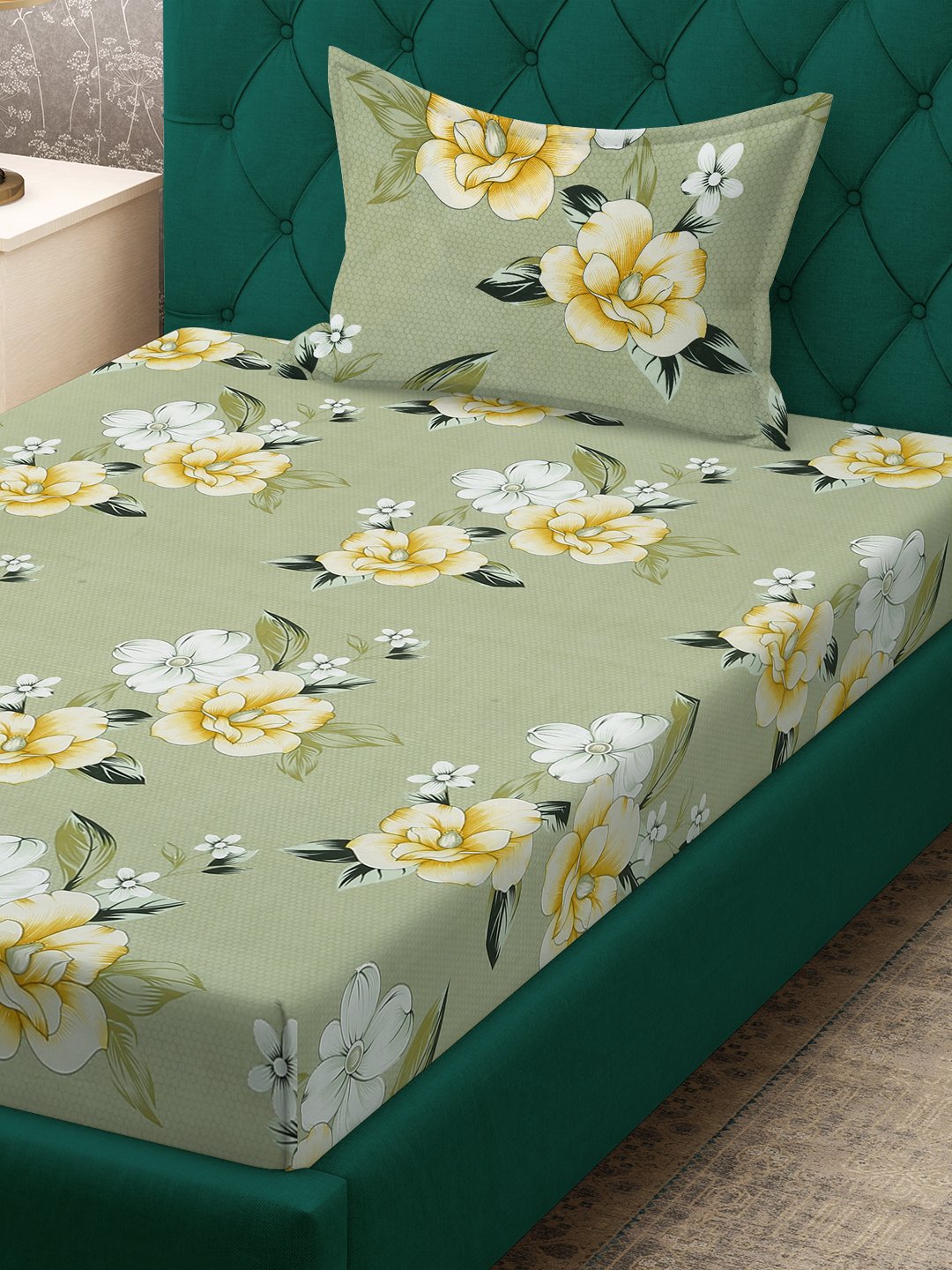 Green Floral 300 TC Cotton Blend Single Bedsheet with Pillow Cover