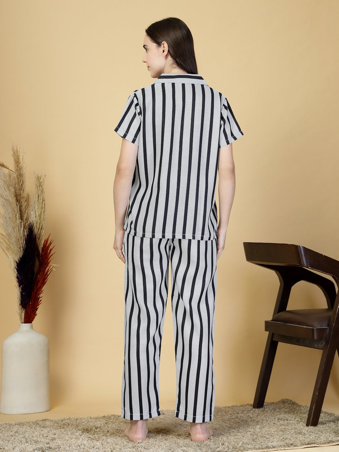 Women Black Striped Cotton Blend Night Suit