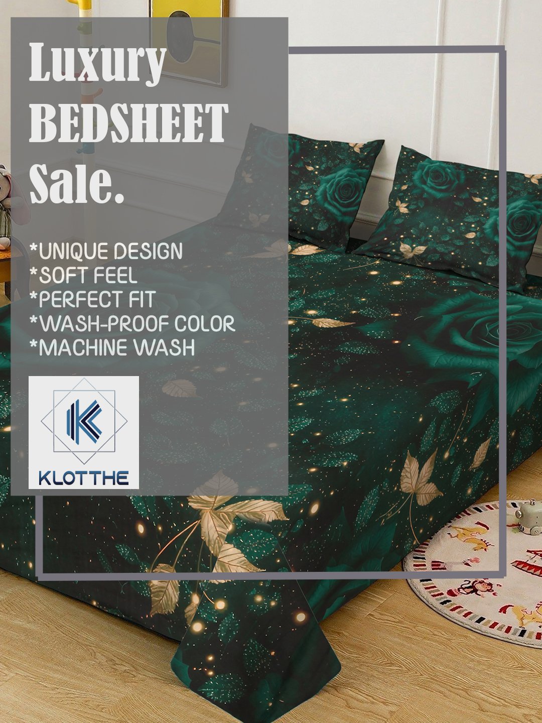Green Digital Floral Printed Cotton Blend Fitted Double Bedsheet with 2 Pillow Covers