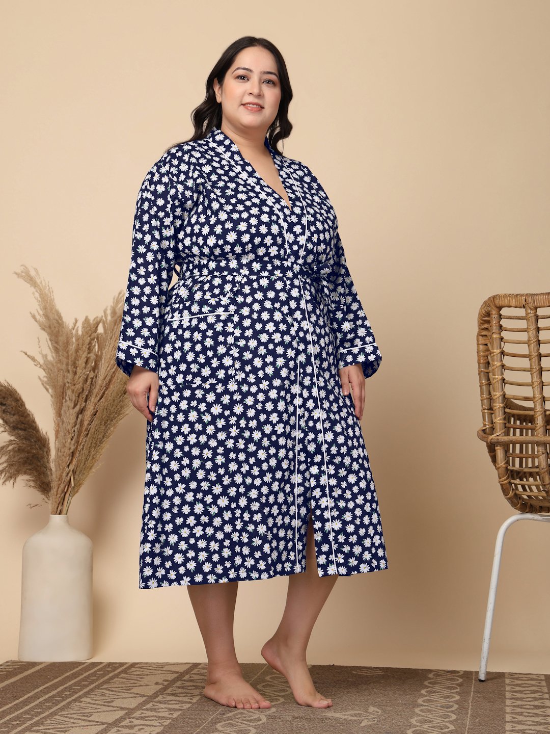 Women Printed Blue Floral Plus Size Pure Cotton Bath Robe With Belt