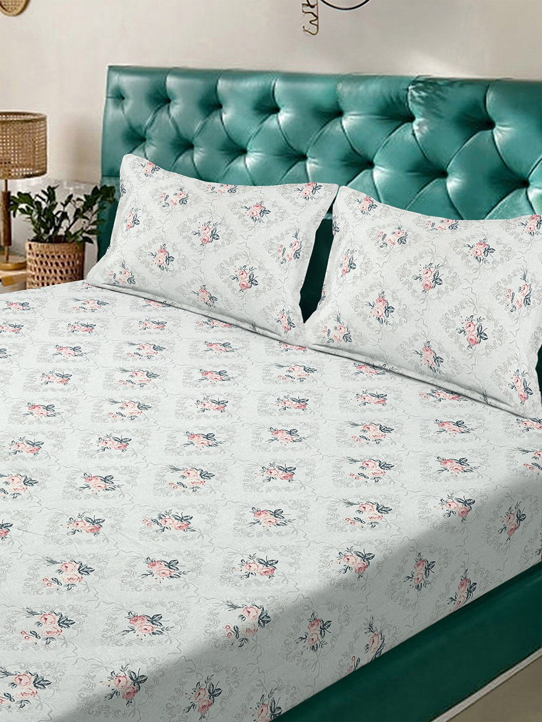 Cream Floral 300 TC Cotton Blend Double Bedsheet with 2 Pillow Covers
